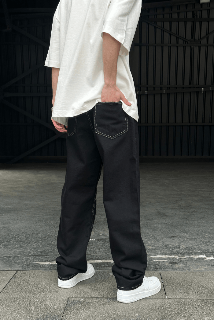 Siyah Ters Dikiş Detay Baggy Pantolon