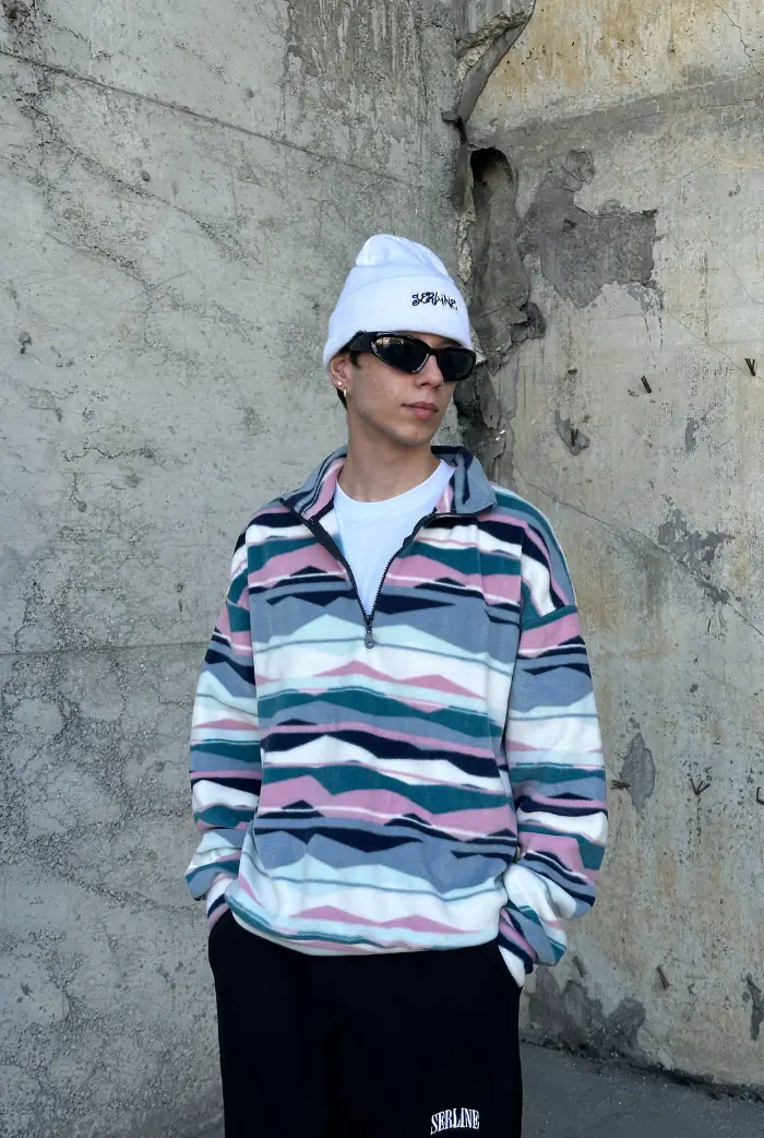 Oversize Polar Etnik Desen Yarım Fermuar Sweatshirt