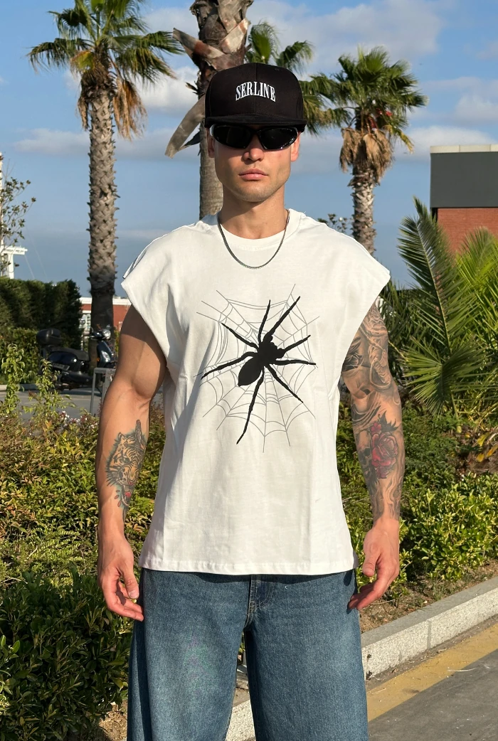 Spider Baskılı Oversize Kolsuz Tişört - Beyaz