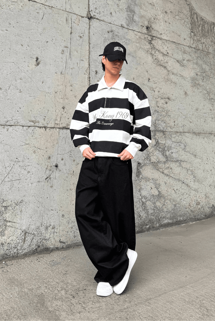 Premium Çizgili Polo Yaka Oversize Sweatshirt