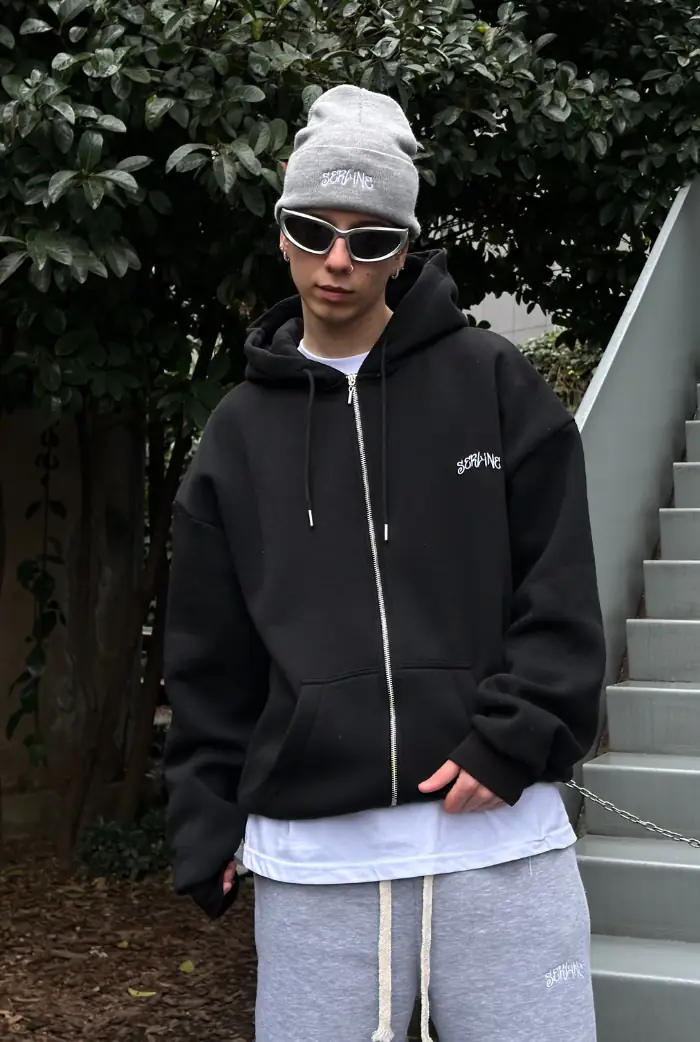 Serline Nakışlı Oversize Zip Hoodie