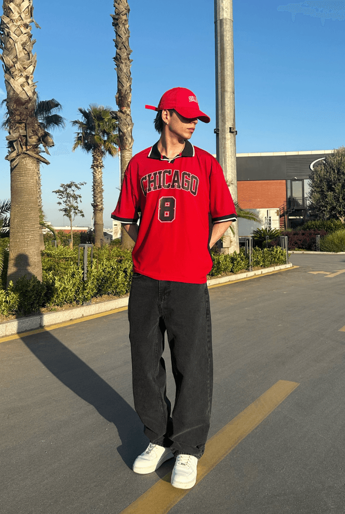 Chicago Baskılı Polo Yaka Premium Oversize Jersey