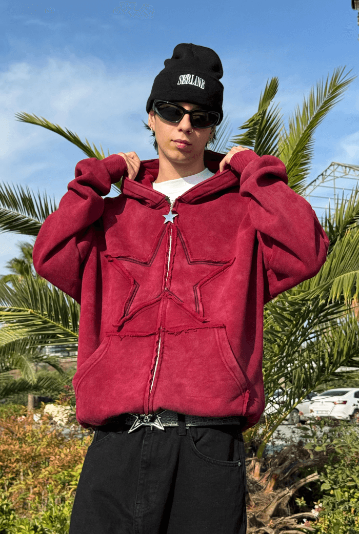 Premium Acid Wash Star Nakış Oversize Zip