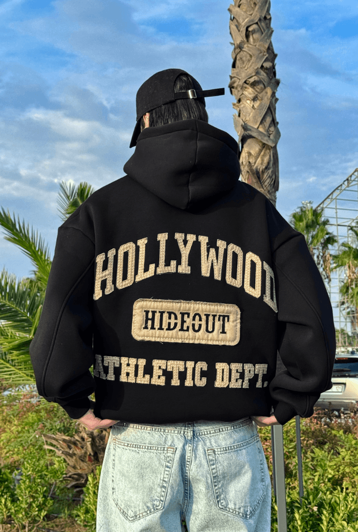 Premium Hollywood Nakış Oversize Hoodie - Siyah