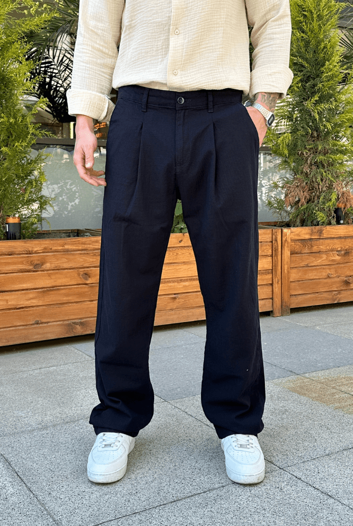 Premium Pileli Baggy Keten Pantolon - Lacivert