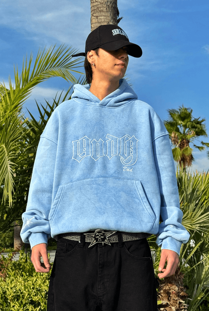 ANDY Acid Wash Nakış Baskılı Oversize Hoodie - Bebe Mavisi