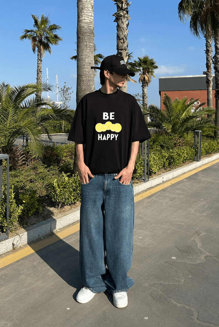 Be Happy Baskılı Oversize T-shirt