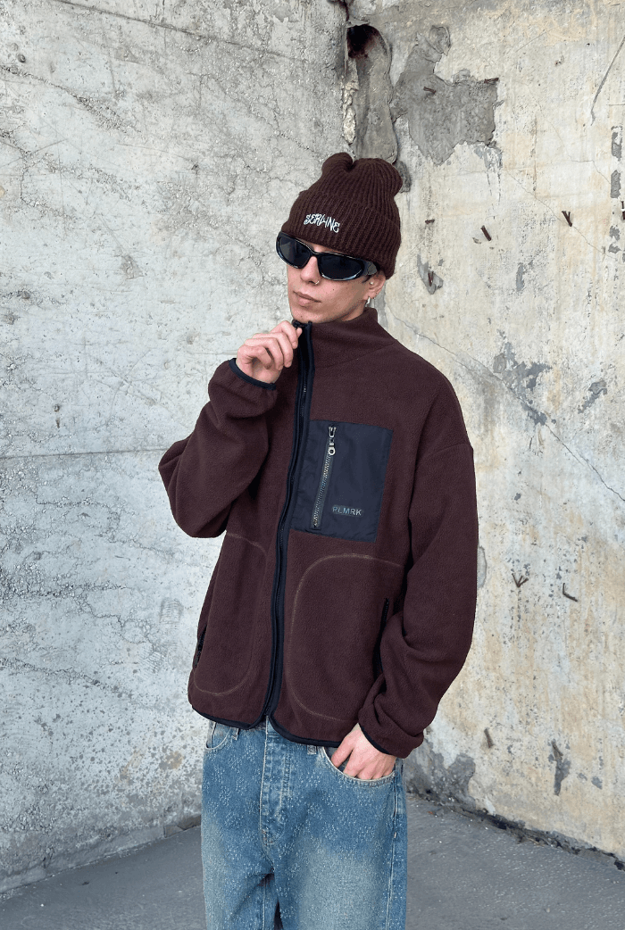 Oversize Polar Zip Ceket - Kahverengi