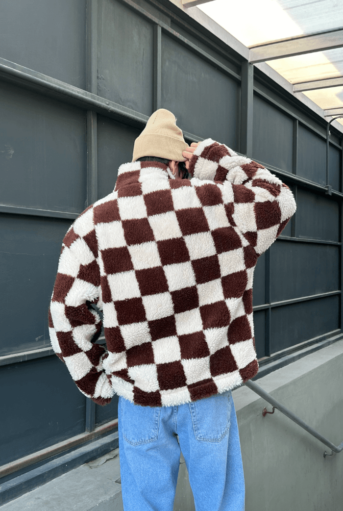 Peluş kareli oversize zip çeket