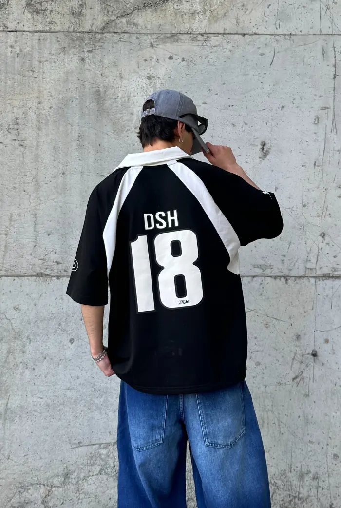 DSH 18 Baskılı Polo Yaka Siyah Oversize T-shirt