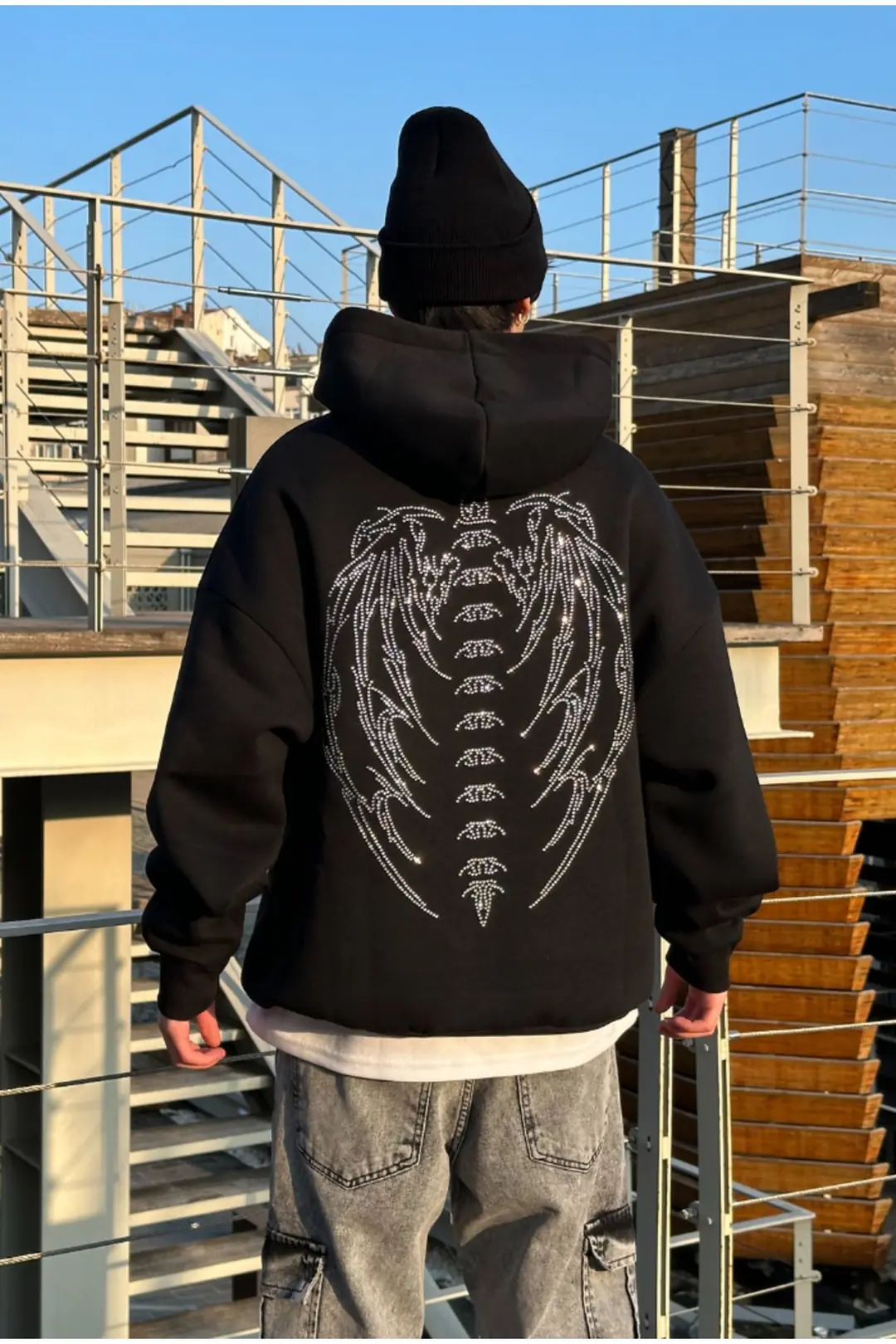 Taş Baskılı Heaven Siyah Oversize Hoodie
