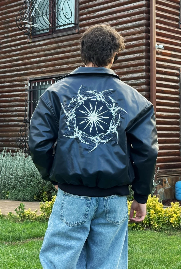 Premium Nakış Detaylı Bomber Oversize Deri Ceket