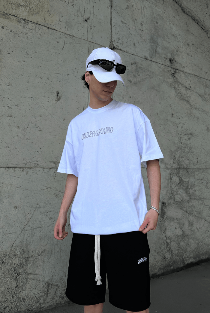 Underground Taş Baskılı Oversize T-shirt - Beyaz