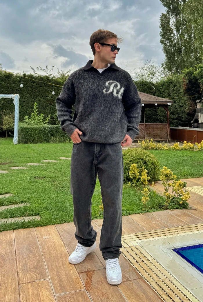 Polo Yaka RTR Baskılı Oversize Premium Kazak