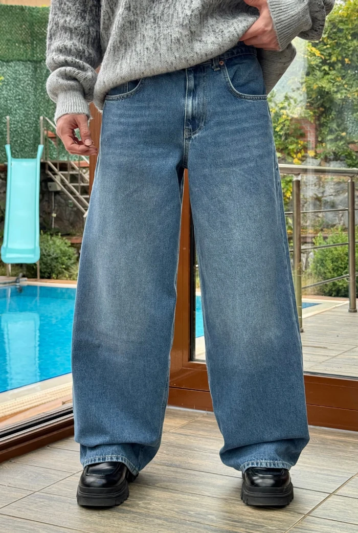 Yıkamalı Mavi Extra Baggy Pantolon
