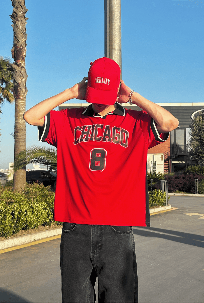 Chicago Baskılı Polo Yaka Premium Oversize Jersey