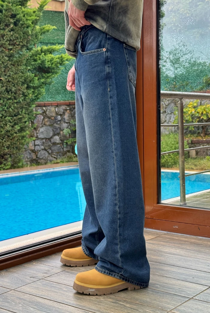 Koyu Mavi Eskitmeli Extra Baggy Pantolon