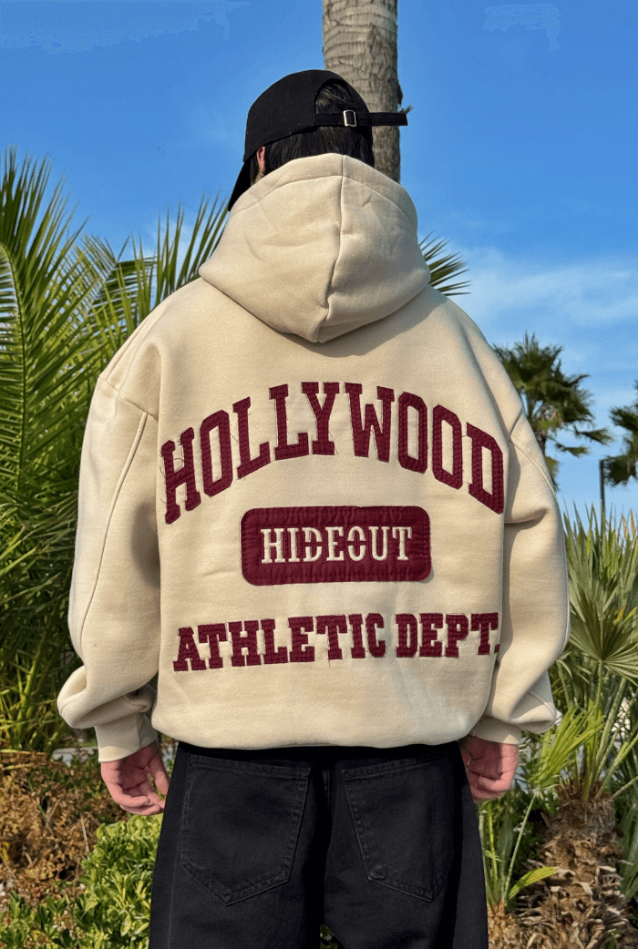 Premium Hollywood Nakış Oversize Hoodie - Bej