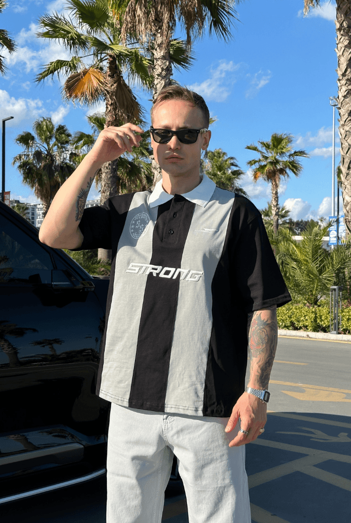 Strong Polo Yaka Oversize Tişört - Gri