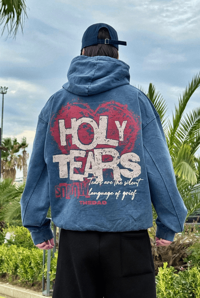 Premium Acid Wash Holly Tears Baskılı Hoodie - Mavi