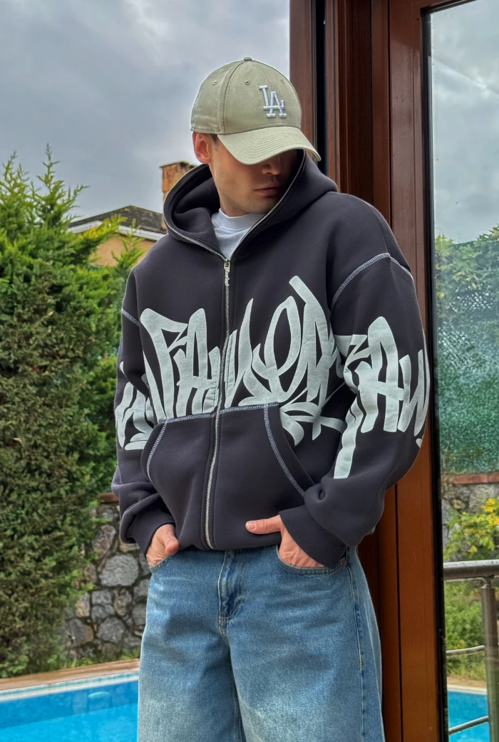 Premium Graphic Baskı Full Zip Hoodie - Gri