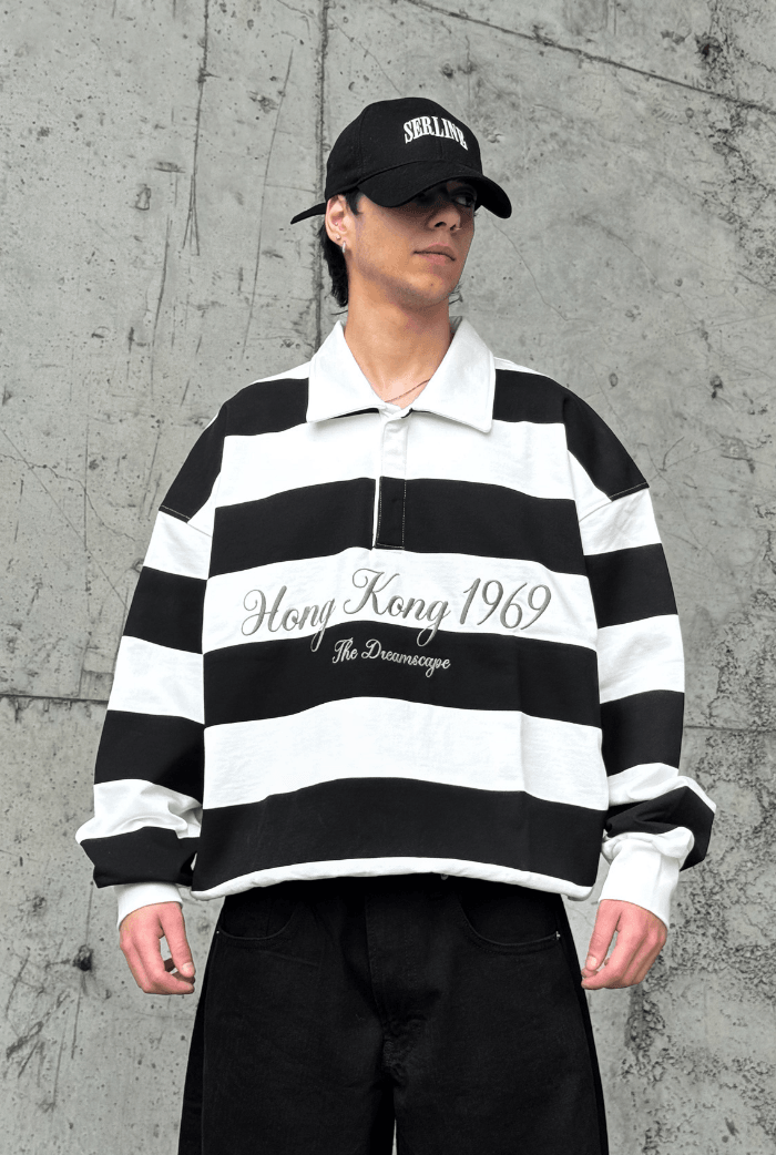 Premium Çizgili Polo Yaka Oversize Sweatshirt