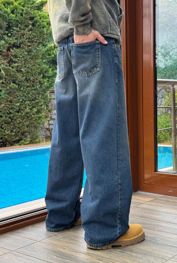 Koyu Mavi Eskitmeli Extra Baggy Pantolon