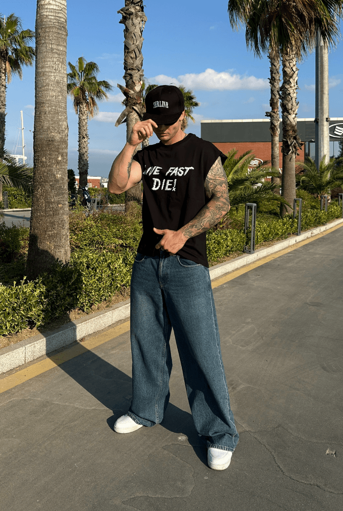 Live Fast Die Baskılı Oversize Kolsuz Tişört