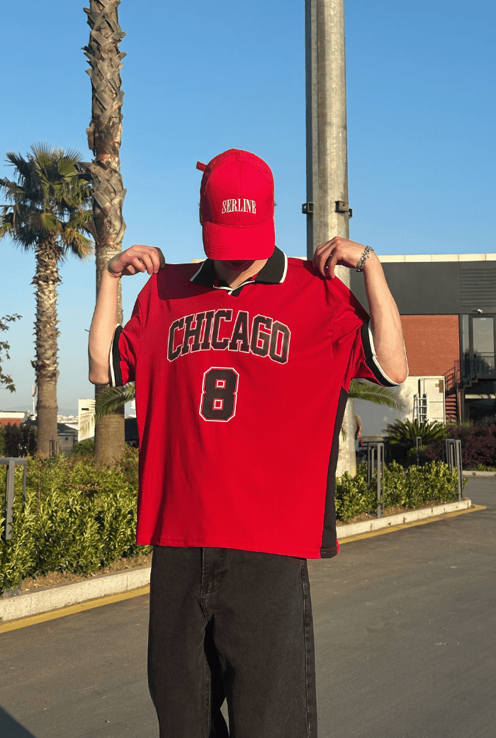 Chicago Baskılı Polo Yaka Premium Oversize Jersey