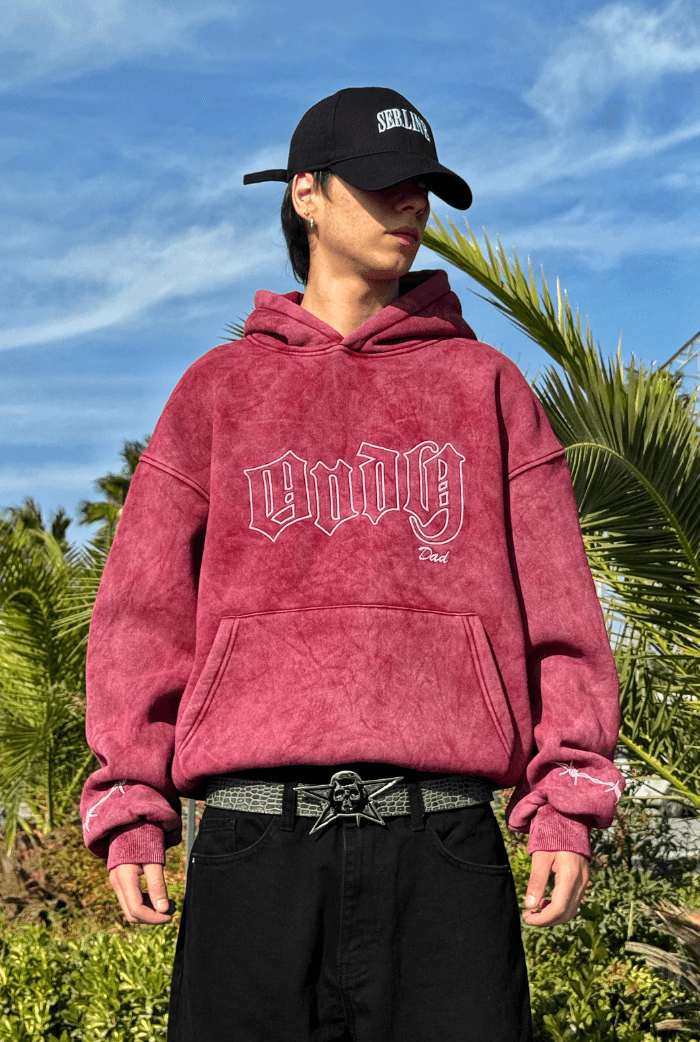 ANDY Acid Wash Nakış Baskılı Oversize Hoodie - Bordo