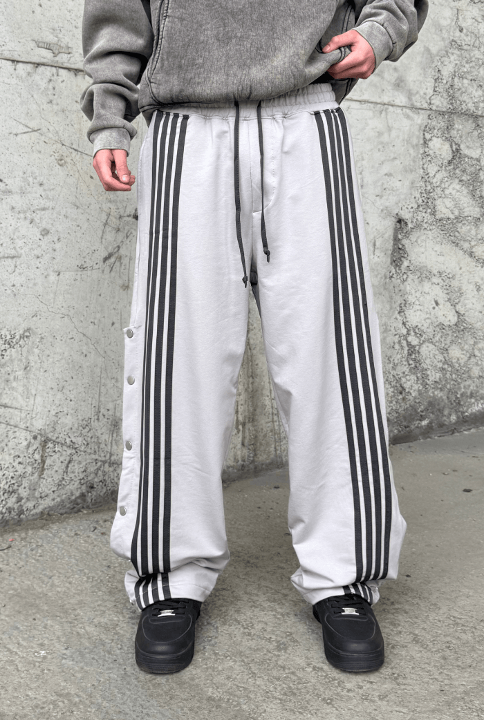 Çizgili Düğme Detaylı Baggy Eşofman - Gri