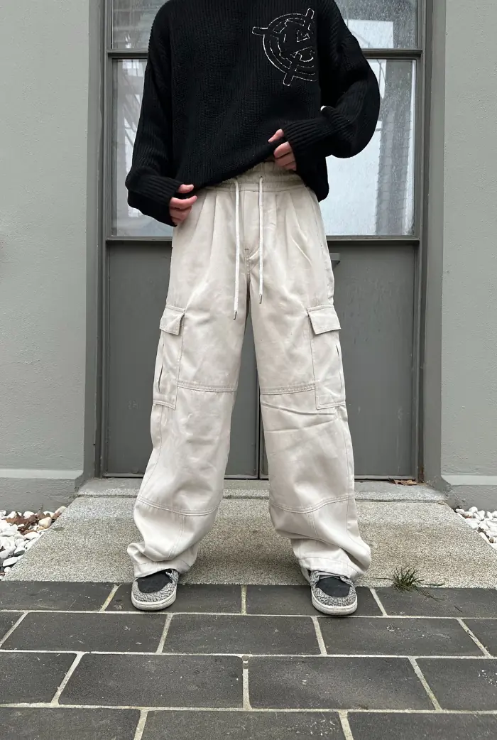Gri Beli Lastikli Stoper Paça Baggy Kargo Pantolon