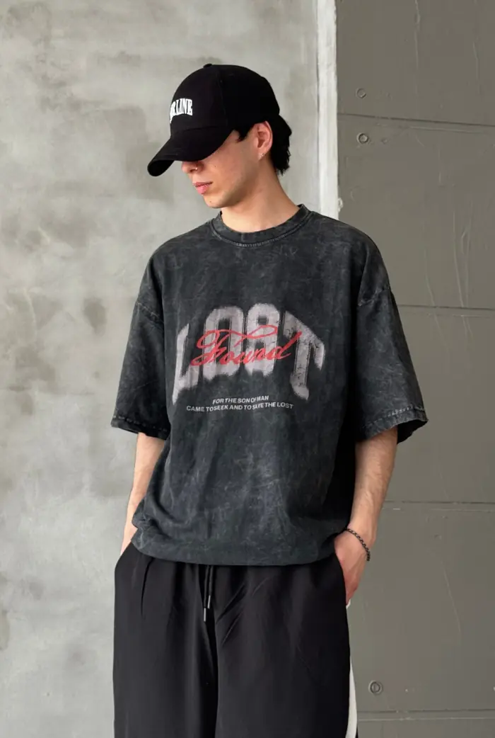 Lost Baskılı Acid Wash Oversize T-shirt