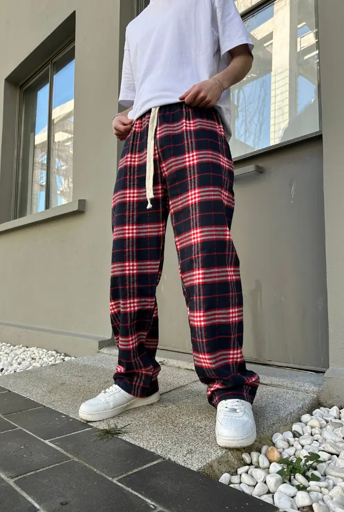 Ekose Lacivert Kırmızı Kareli Pijama Eşofman