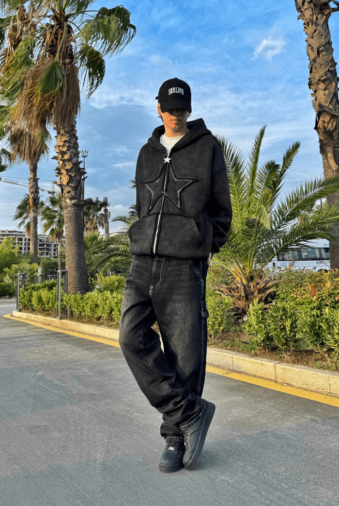 Premium Acid Wash Star Nakış Oversize Zip