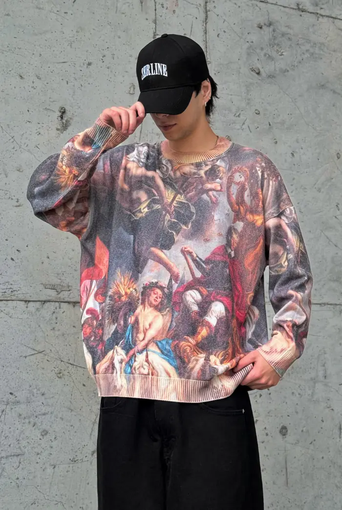 Dijital Baskılı Oversize Kazak