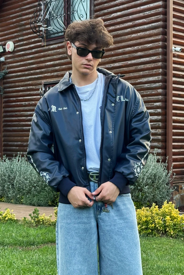 Premium Nakış Detaylı Bomber Oversize Deri Ceket