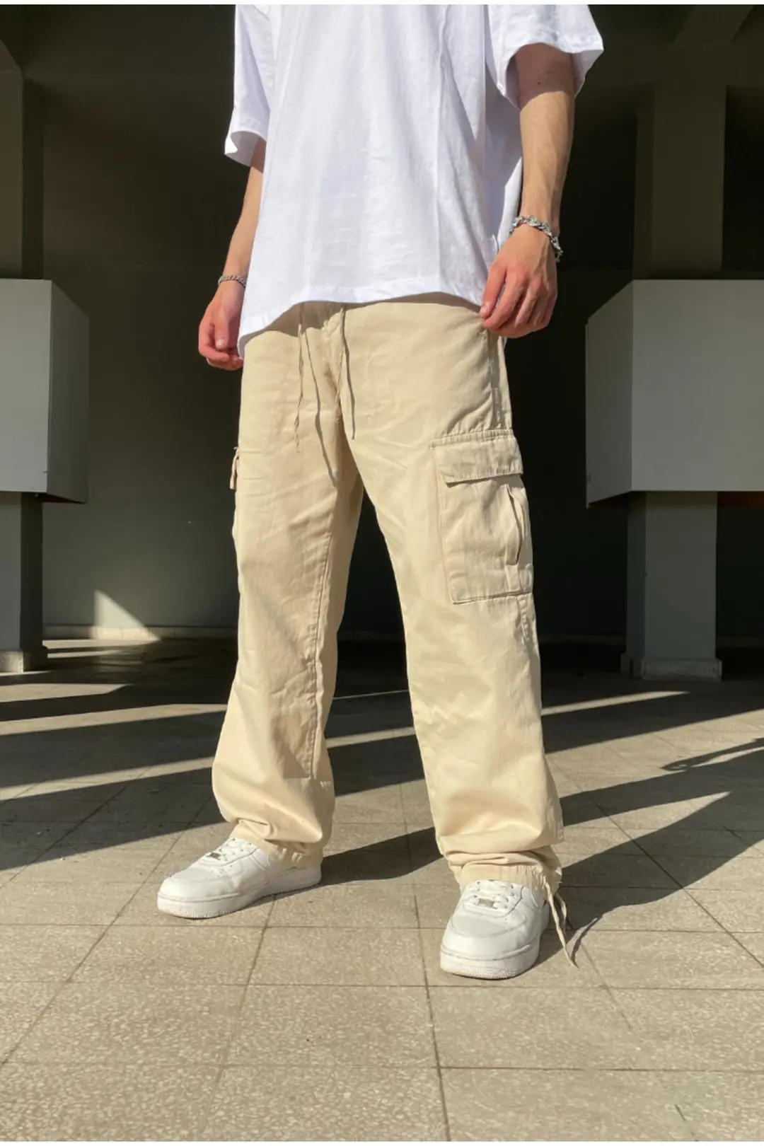 Bej Kargo Paçası Ayarlanabilir Baggy Pantolon