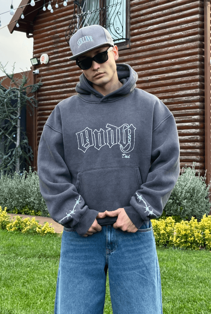 ANDY Acid Wash Nakış Baskılı Oversize Hoodie - Gri
