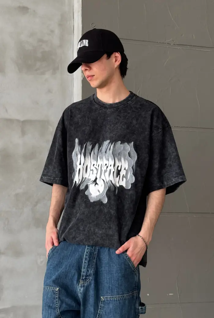 Ghost Face Baskılı Acid Wash Oversize T-shirt