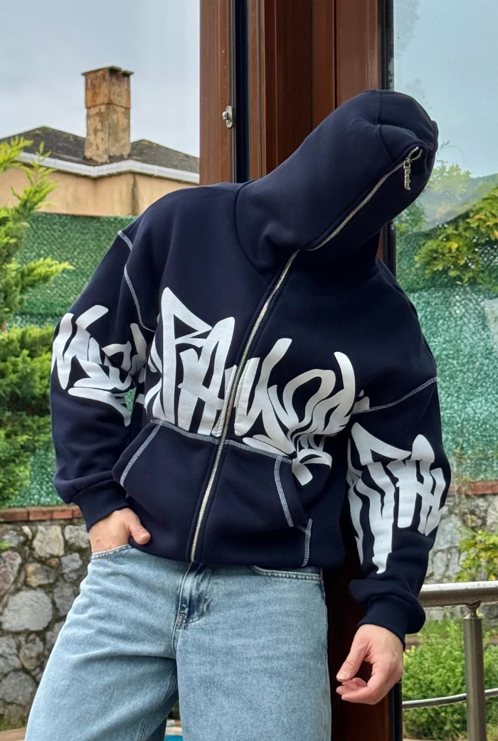 Premium Graphic Baskı Full Zip Hoodie - Lacivert