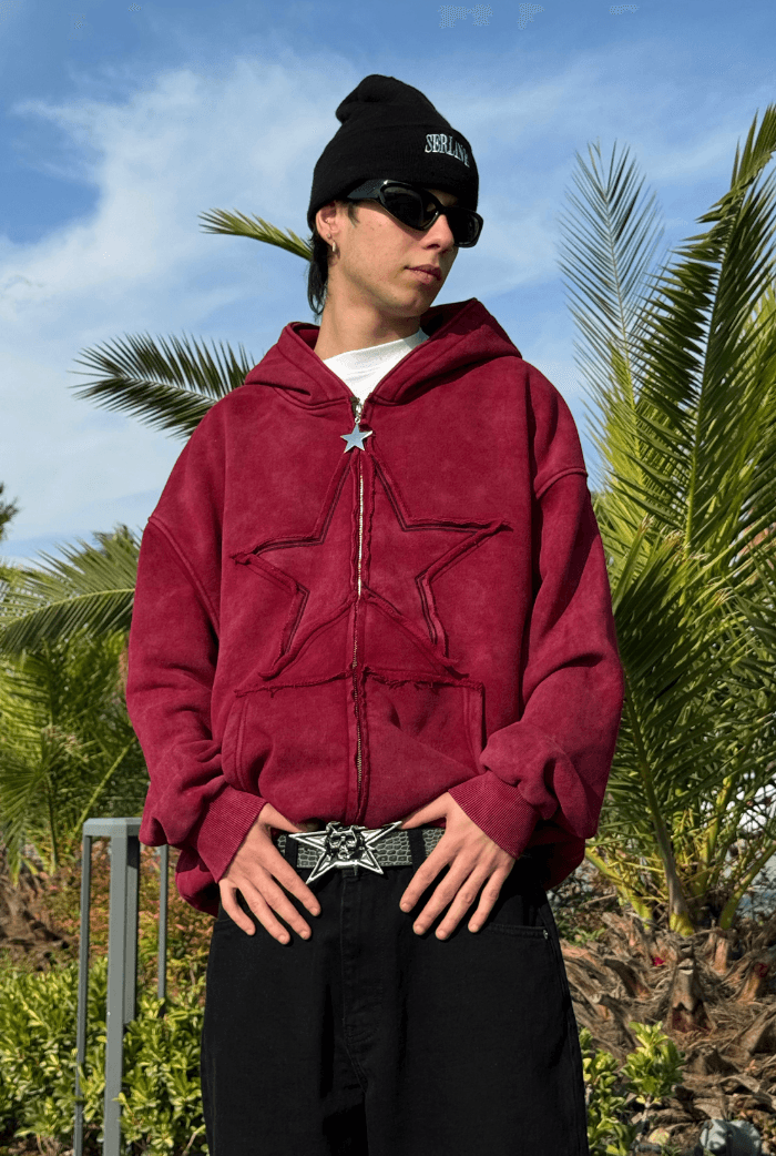 Premium Acid Wash Star Nakış Oversize Zip