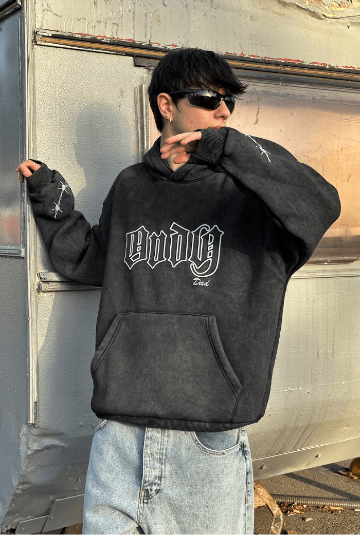 ANDY Acid Wash Nakış Baskılı Oversize Hoodie - Antrasit