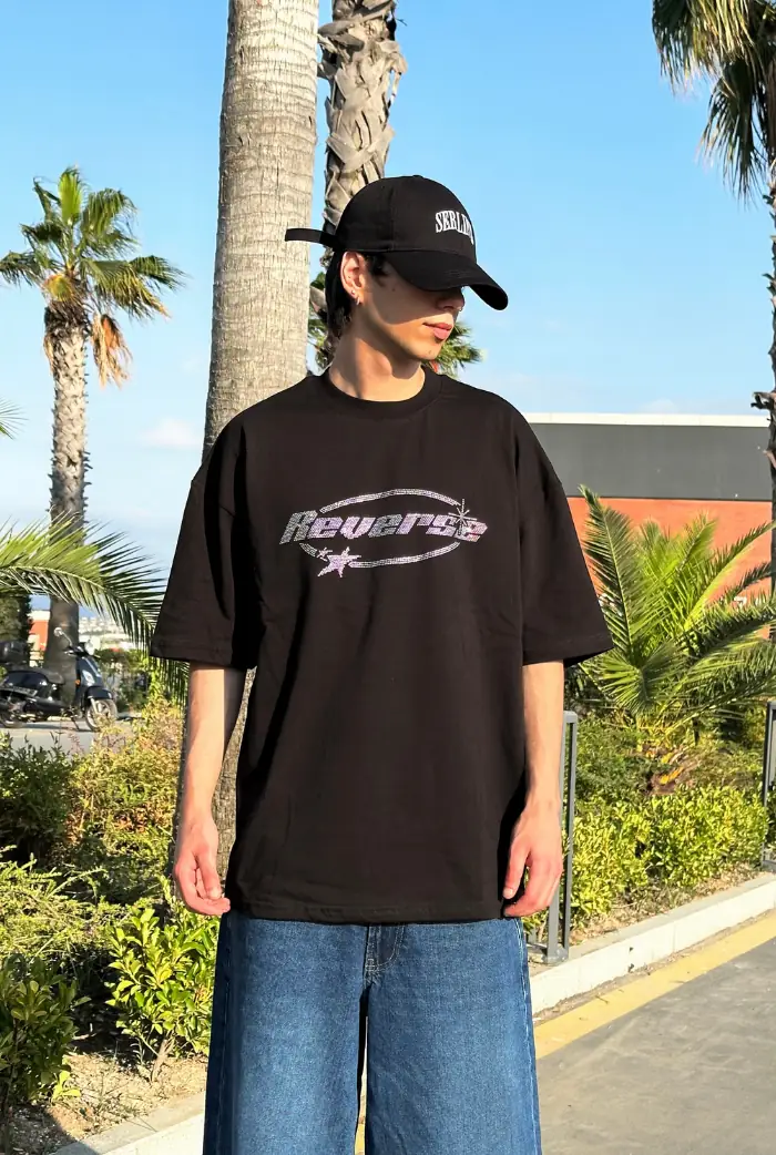 Reverse Taş Baskılı Oversize Premium Tişört