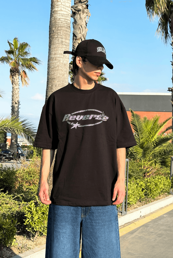 Reverse Taş Baskılı Oversize Premium Tişört