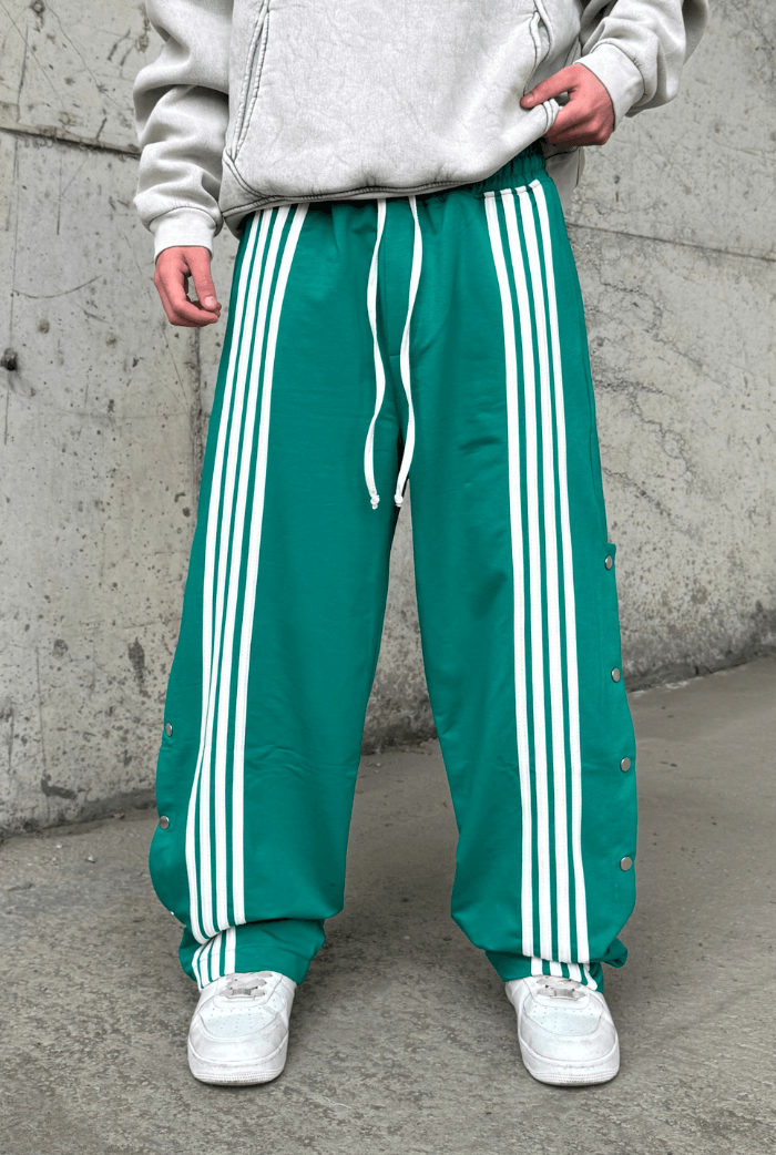 Çizgili Düğme Detaylı Baggy Eşofman - Yeşil