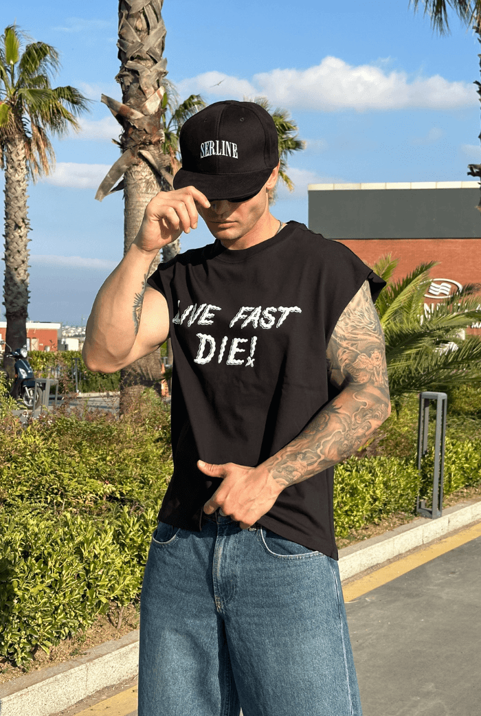 Live Fast Die Baskılı Oversize Kolsuz Tişört