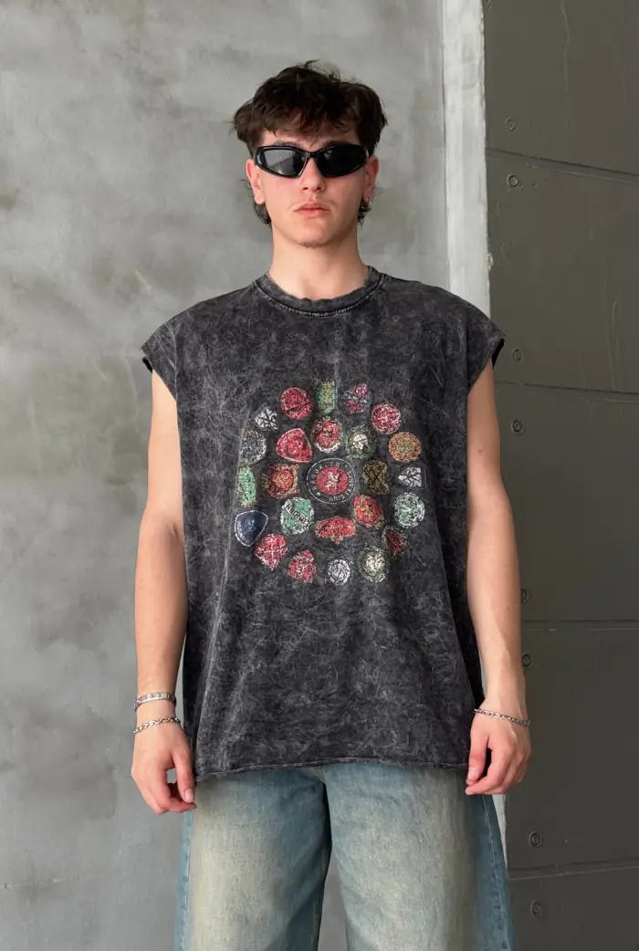 Acid Wash Baskılı Kesik Kollu Oversize T-shirt