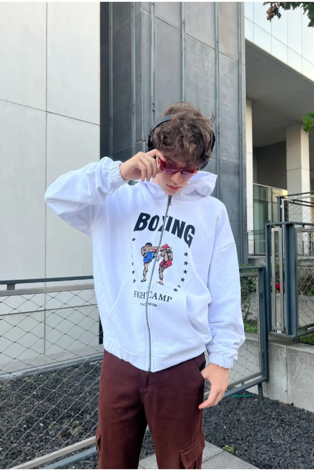 Boxing Beyaz Oversize Zip Hoodie