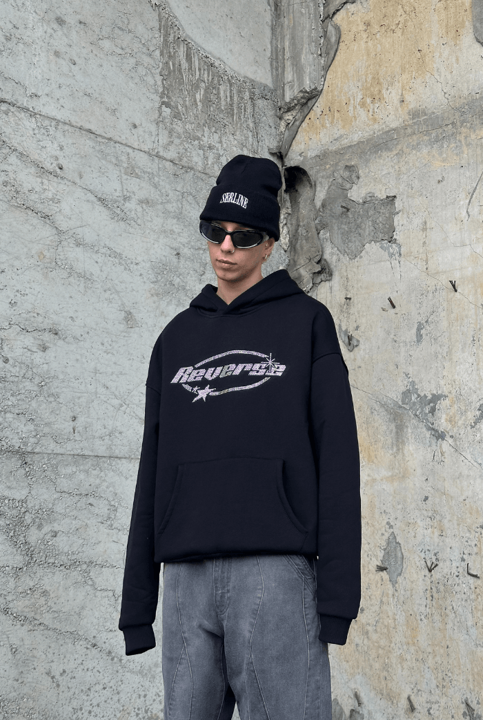 Reverse Taş Baskılı Oversize Hoodie